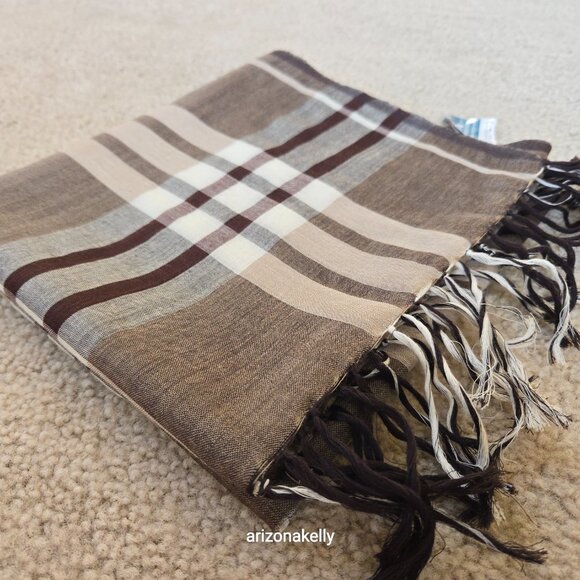 NWT Wool/Cotton Blend Lightweight Scarf Brown Tan Plaid Freeset Fabric - Picture 14 of 16